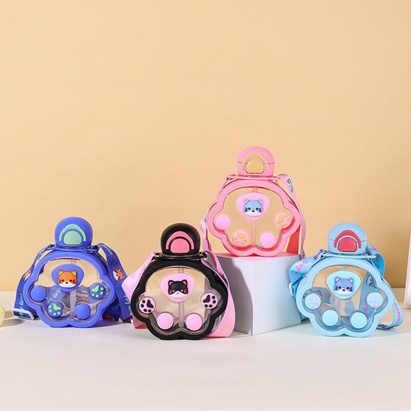 Cute Cat Claw Plastic Water Bottle for Children, Students, Girls And Boys Straw Backstraps